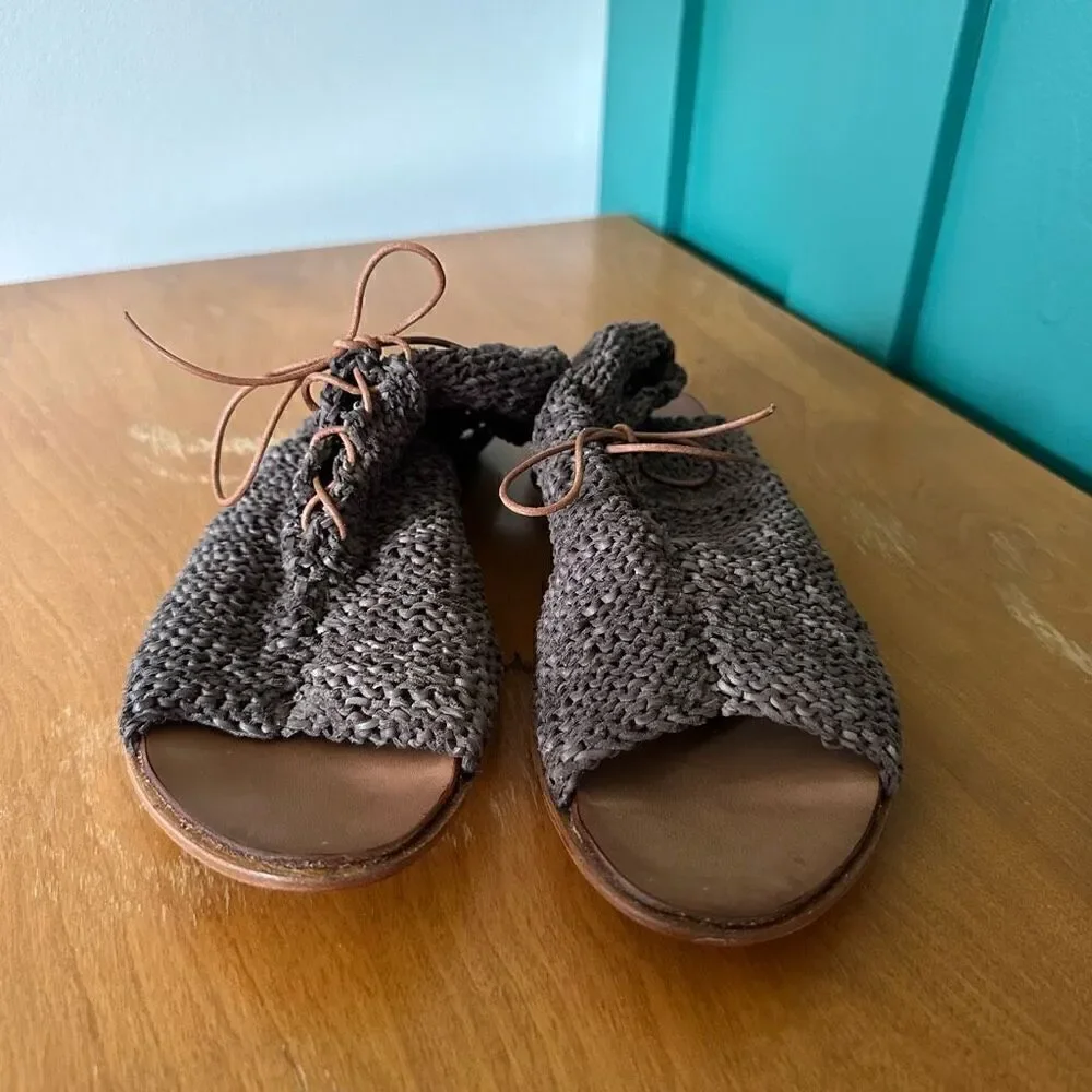 CYDWOQ Vintage Women’s Grey Taupe Woven Lace Up Leather Sole Sandal